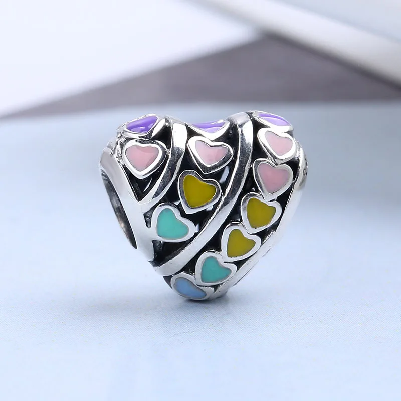 

Genuine 925 Sterling Silver Bead Multi-colour Hearts Charm Fit pan Bracelet & Necklace Bangle Diy Women Jewelry
