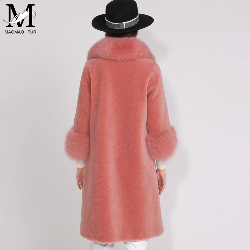 MAOMAOFUR/шерстяное пальто для женщин с натуральным лисьим меховым воротником и манжетами; теплая верхняя одежда для женщин; Новая модная длинная стильная куртка из натурального овечьего меха