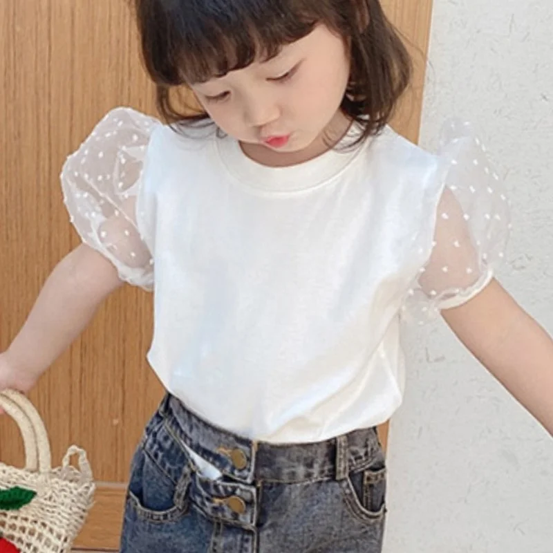 

Children Polka Dot Printed Mesh Puff Sleeve O Neck T-shirt Summer Sweet Cute Princess Tops Casual Pure Color Tee