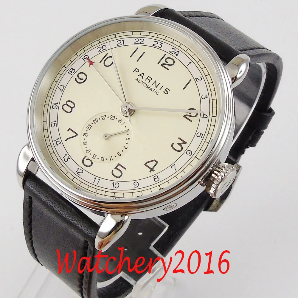 Мужские автоматические механические часы PARNIS 42 мм GMT Серебряный чехол Арабская