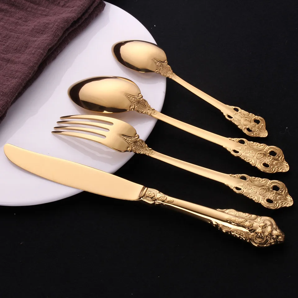Золото Серебро столовая посуда набор столовых приборов вилки ножи ложки дворец