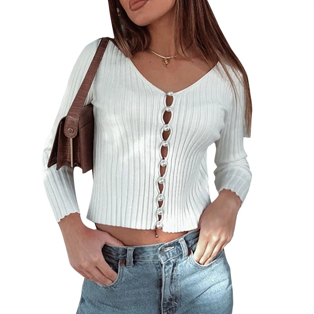 Женская трикотажная рубашка с V образным вырезом на пуговицах|Рубашки| |