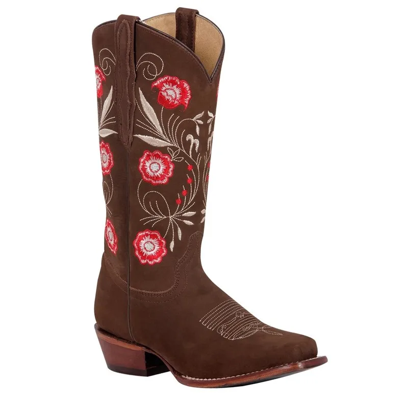 

National style pointed toe ankle boots women autumn and winter casual flower leather knight boots large size 41 42 43