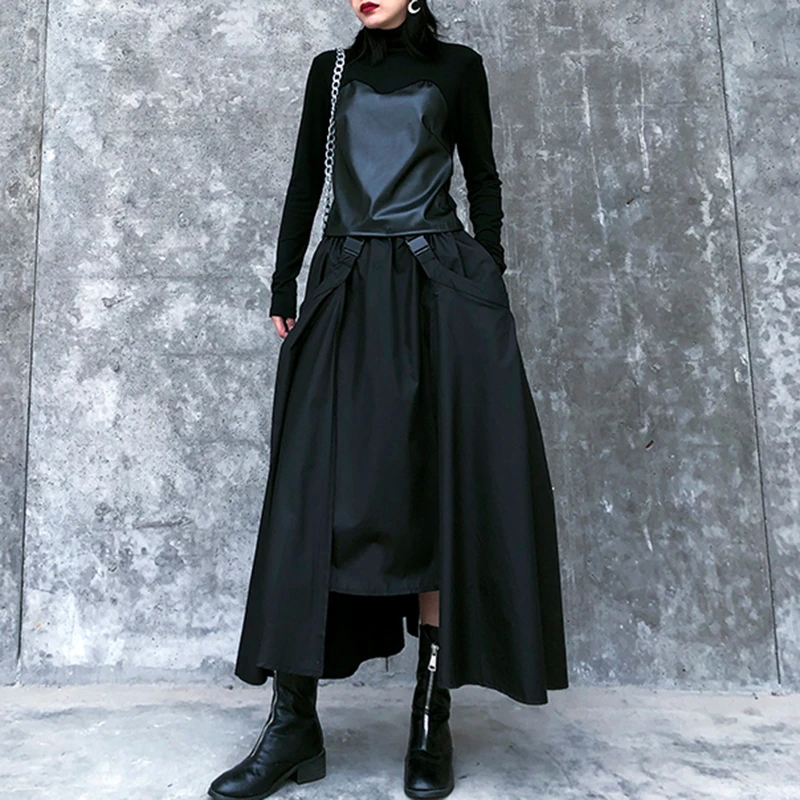 

SeeBeautiful Simple Elastic High Waist Irregular Loose Half-body A-line Skirt Woman Autumn 2021 New Tide Fashion T468