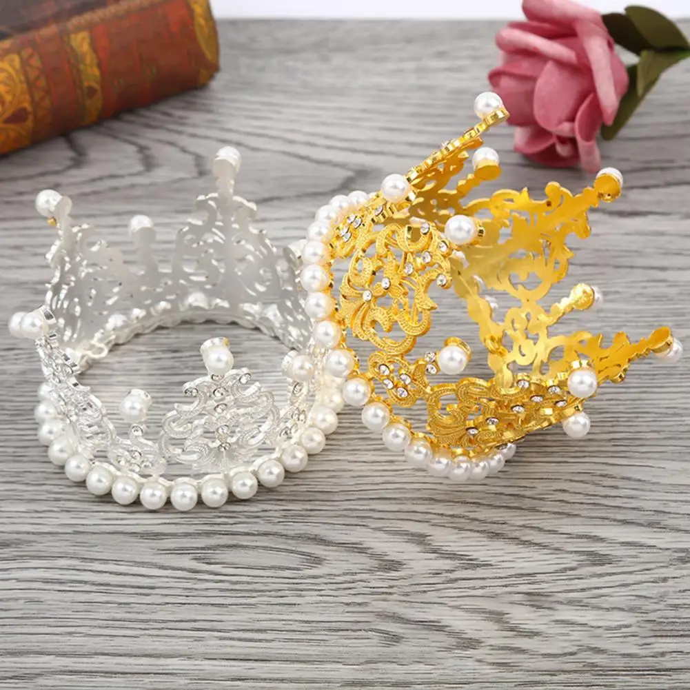 

2 Colors Cake Ornament Home Kitchen Attractive Anti-deform Alloy Exquisite Faux Pearl Innovative Cake Crown Topper for Home