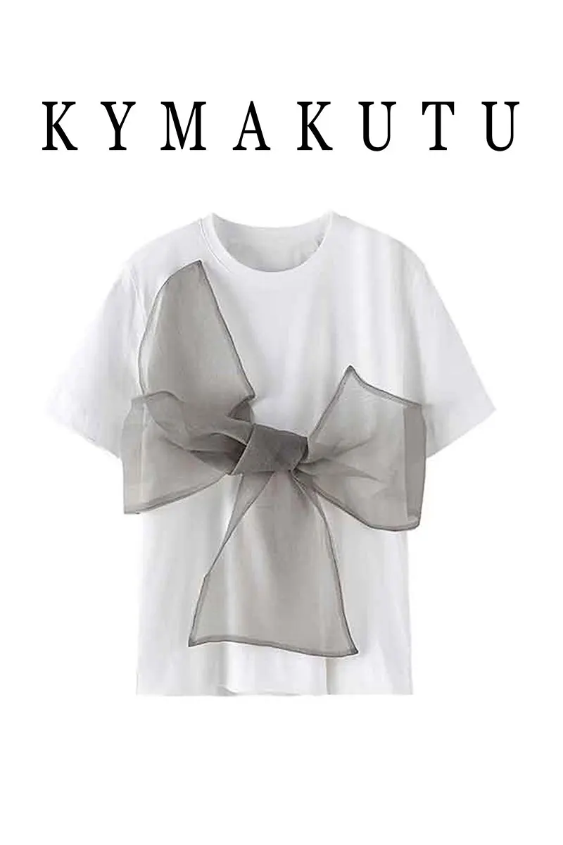 

2021 Summer New Short-sleeved White O Neck T-shirt Women Loose Slim Jacket Bow Tops