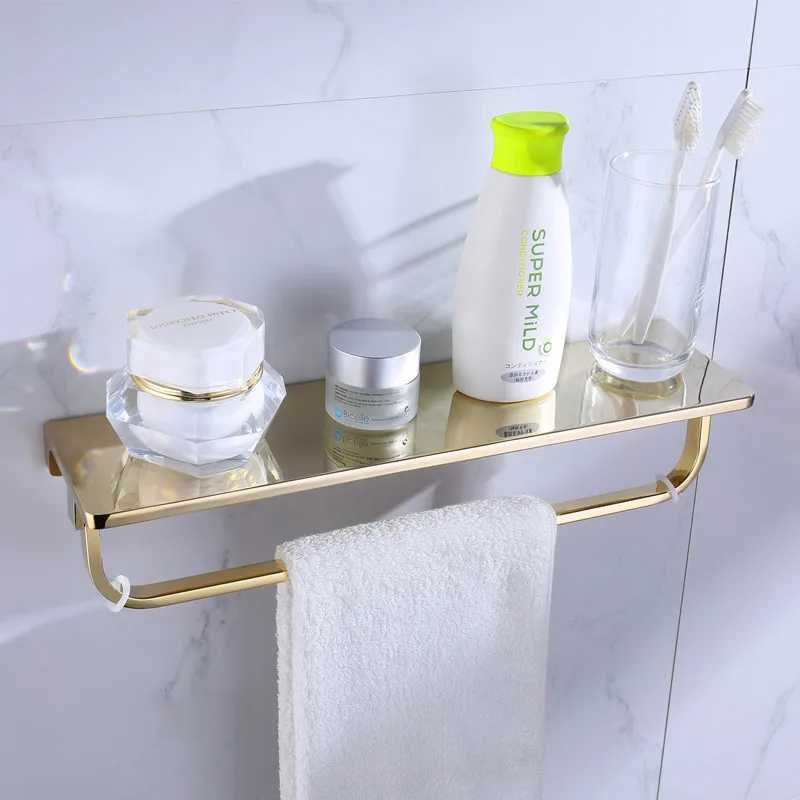 

Bathroom Corner Shelf Brushed Gold Solid Brass Bath Shower Rack Wall Mounted Bolt Inserting Type With Towel Bar Bath Hardware