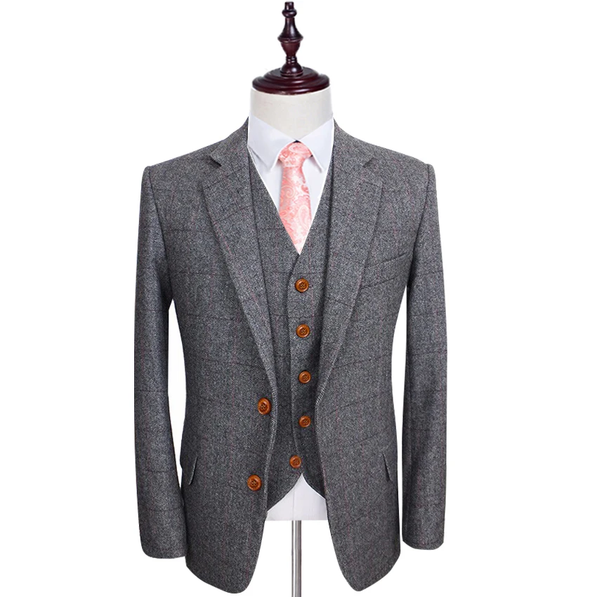 

Wool Retro Grey Herringbone Tweed British Style Custom Made Mens Suit Tailor Slim Fit Blazer Wedding Suits For Men 3 Pieces