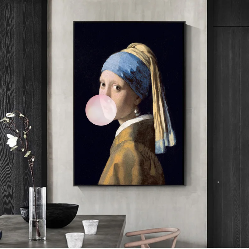 

Girl with Pearl Earrings Famous Art Canvas Oil Painting Reproductions Girl Blow Pink Bubbles Wall Art Posters Picture Home Decor