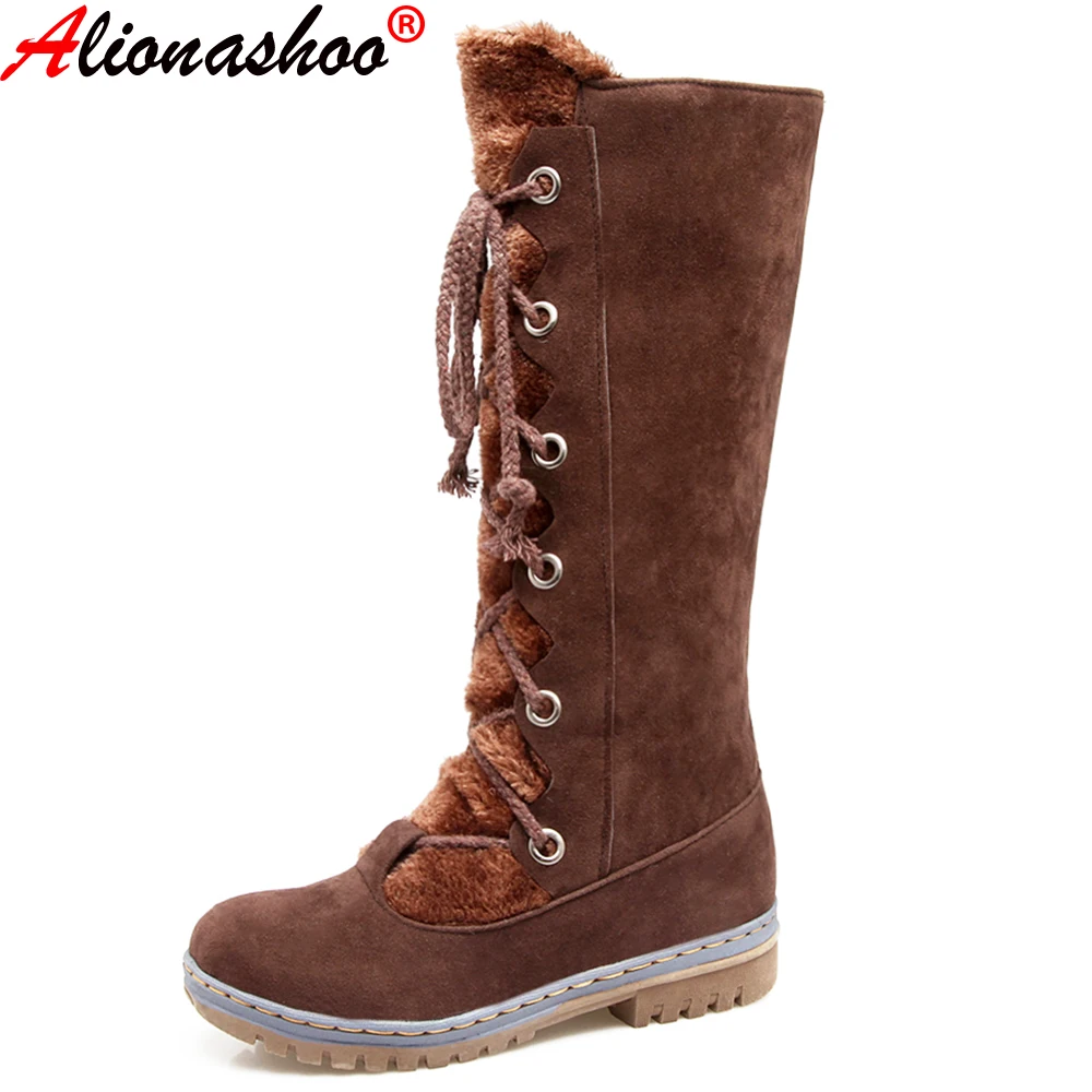 Женские сапоги до колена зимние из искусственной замши на плоской подошве