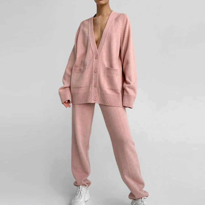 

Solid Loose Knitted Two Piece Set For Women 2021 Autumn Long Sleeve Buttons V-neck Knitwear Trousers Sets Lady Casual Home Suits
