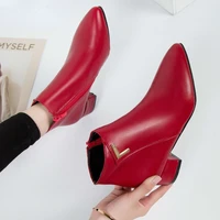 new fashion womens boots casual leather low high heels spring shoes womens pointed rubber ankle boots black red zapatos mujer