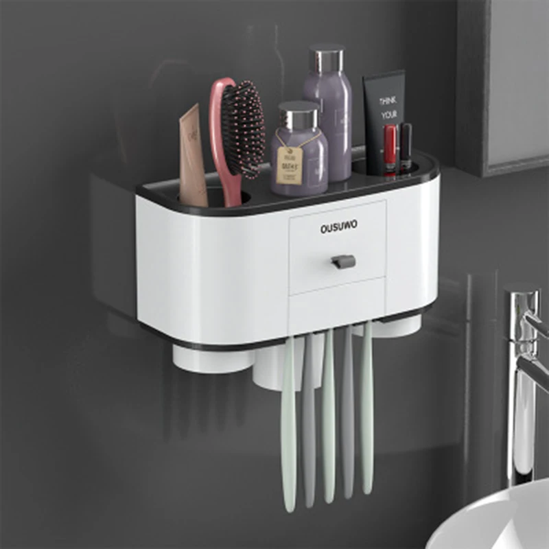 A-black-3 cups Автоматический настенный держатель для зубных щеток, дозатор зубной пасты для ванной комнаты - Цвет: A-black-3 cups