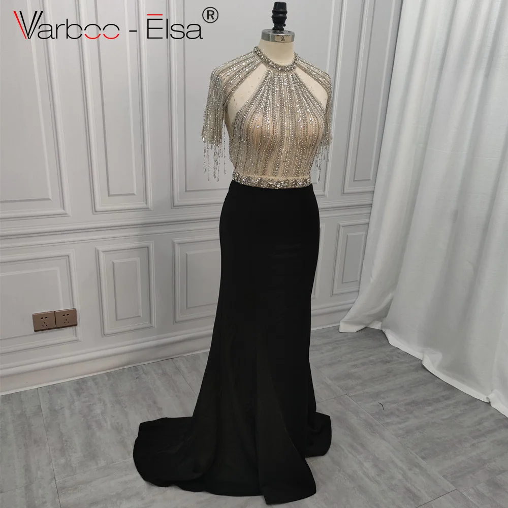 

Sexy Dubai Beaded Evening Dress Luxury Mermaid Long High Neck Nude Tulle Crystals Formal Party Gown For Women Cap Sleeves