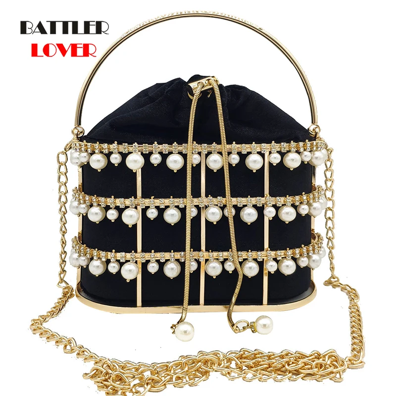 

Women Fashion Box Evening Bag Diamond Pearl Clutch Luxury Handbag Banquet Party Purse for Female Shoulder Bags Hollow Relief