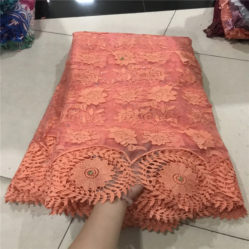Good quality big pary polyester tulle net flower lace embroidered fabric lilac color