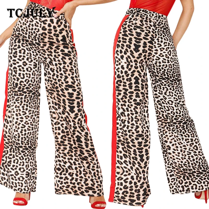 TCJULY сексуальные леопардовые широкие брюки с полосками по бокам эластичной
