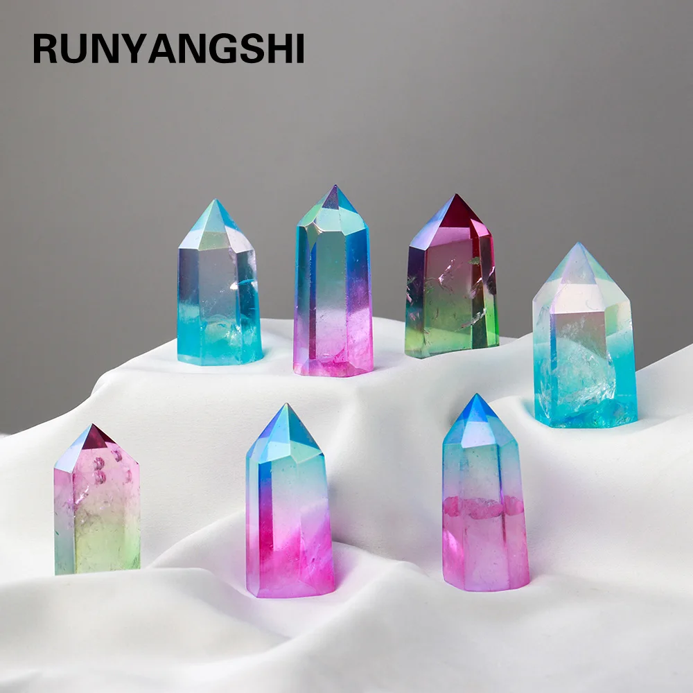 Природный кристалл электропокрытие цветной пик Радужный прозрачный кварцевый башня ангела Хало Рейки декорация