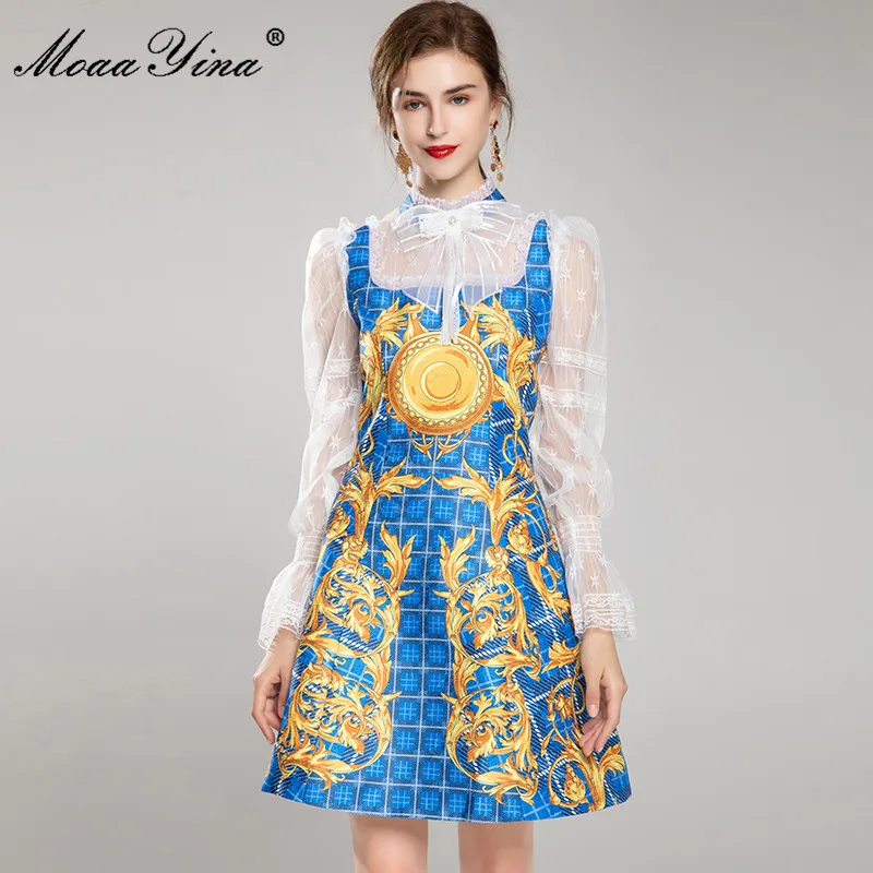 

MoaaYina Fashion Designer Autumn Short Dress Women Bow Splicing Long sleeve Blue plaid Printed Holiday Elegant Mini Dress