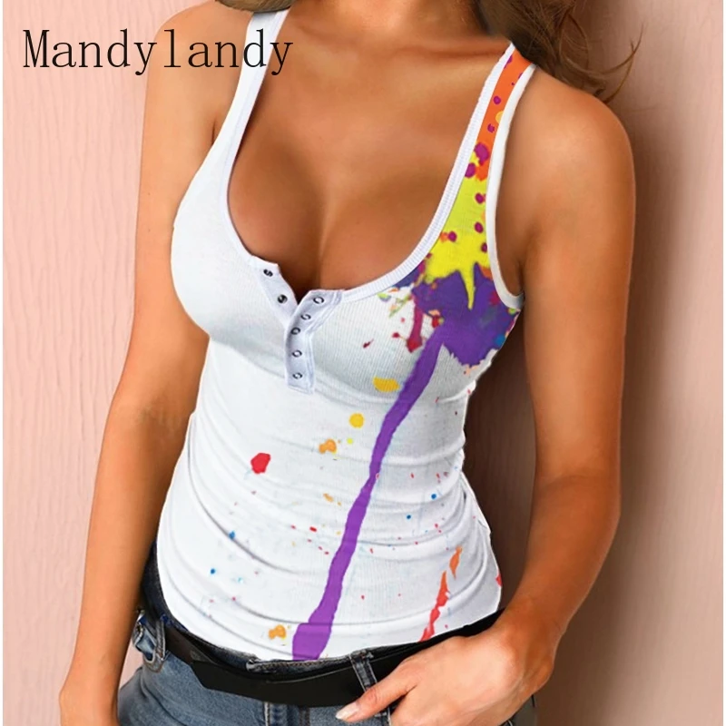 

Mandylandy Sexy Women Camis Clubwear Printing Summer Low Cut Slim Fits Tank Tops Sleeveless U-neck Vests Ladies Casual Tops Tees