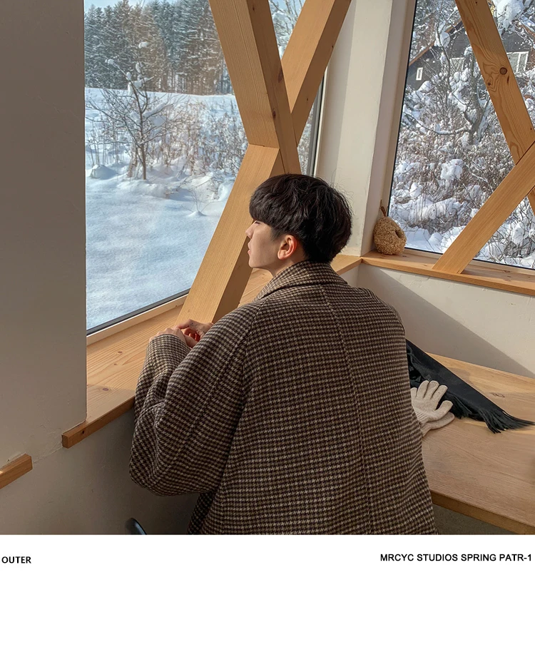 

Winter Men's Retro Wool Blends Overcoat Checks Plaids Single Breasted Turn-down Collar Long Loose Coat Gray Khaki B5