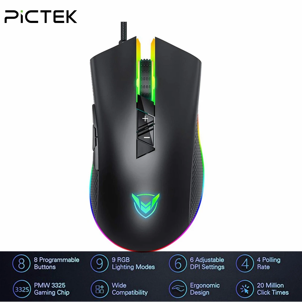 Проводная игровая мышь Pictek регулируемая 8 программируемых кнопок 10000 DPI Chroma RGB с