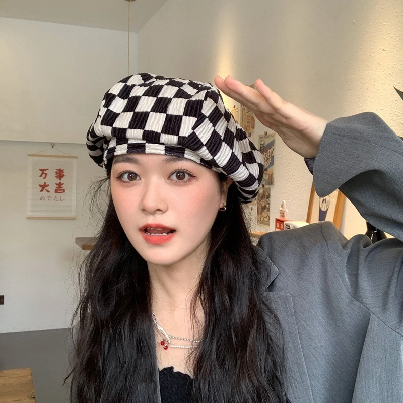 

Niche Lattice Beret Ladies Korean Retro Fashion Net Red Painter Cap 2021 New Street Art Fan Wild Flat Top Octagonal Hat