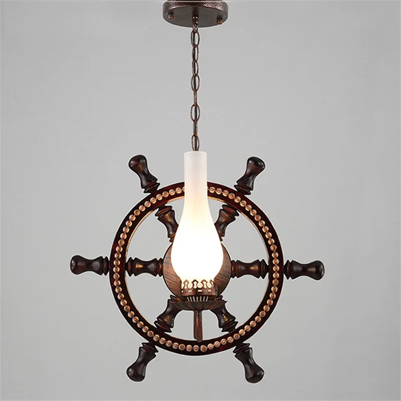 Подвесные светильники из твердой древесины железная Подвесная лампа с рулем для