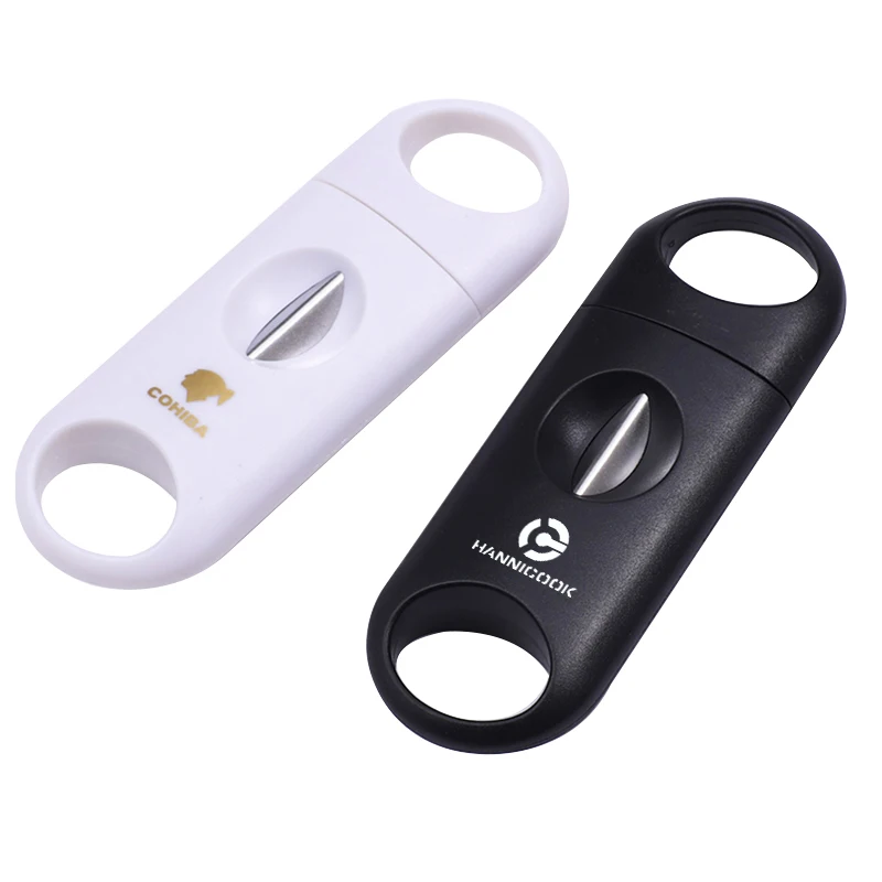 

Hot COHIBA Plastic V Cut Stainless Steel Blade Cigar Cutter Sharp Sigaar Cutting Tool Cigars Guillotine Pocket Zigarren Cutter