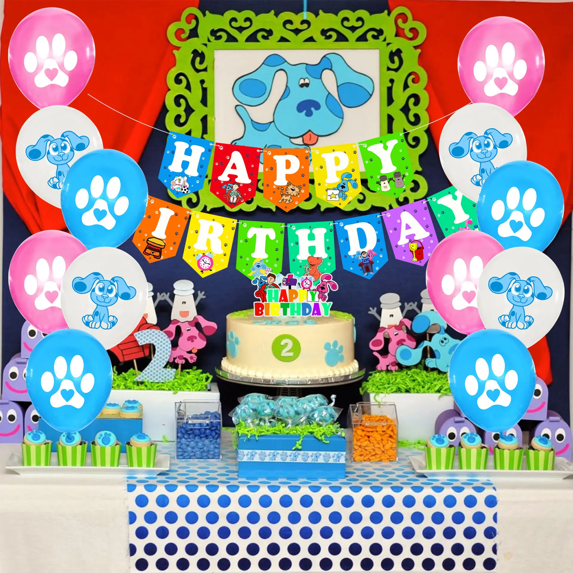 1set Blues Clues Balloons Cute Blue's Dog Footprints with Cake Topper Banner Happy Birthday Baby Shower Party Bluey Decorations | Дом и