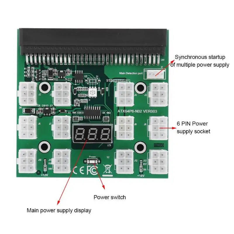 12 X 6Pin адаптер питания 3 цвета светодиодный 12V Breakout Board конвертер для HP сервера GPU DPS