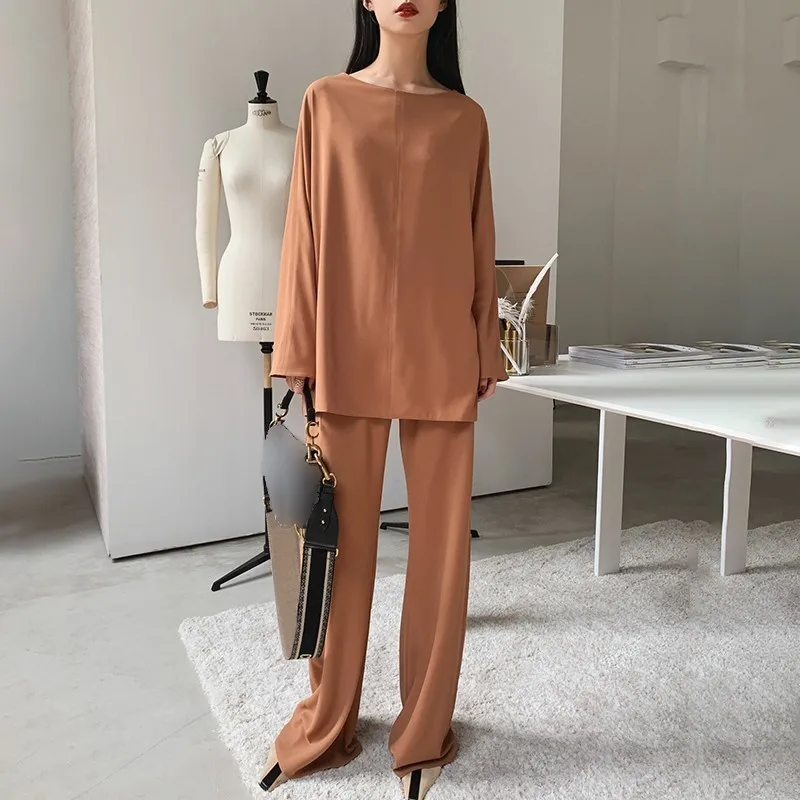 TWOTWINSTYLE однотонный Повседневный Женский комплект из двух предметов с круглым вырезом, длинным рукавом, высокой талией, широкими штанинами, женские костюмы, модная Осенняя Новинка