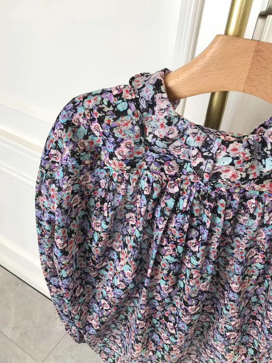 

2021 Spring Summer Women Floral Blouse Lady Loose Ruffles Trim Collar Shirt Female Single-Breasted Shirt and Tops Vintage