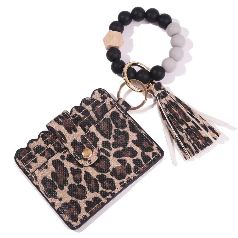 

Silicone Beads Car Keychain Charms Leopard Print Keychain With Card Holder Tassel Keyring For Keys Fashion Jewelry Accessories
