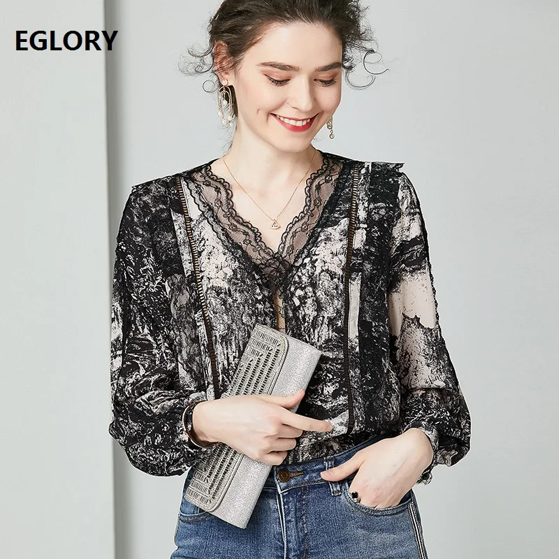 Женская блузка с длинным рукавом винтажная дизайнерская кружевной вышивкой