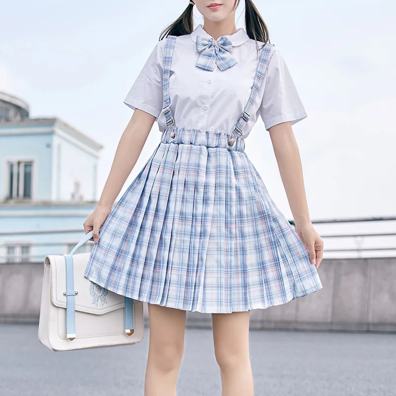 

Summer Japanese School Girl Suspender Skirt Women Kawaii High Waist Jk Lolita Cosplay Uniform Suits Plaid Pleated Mini Skirts