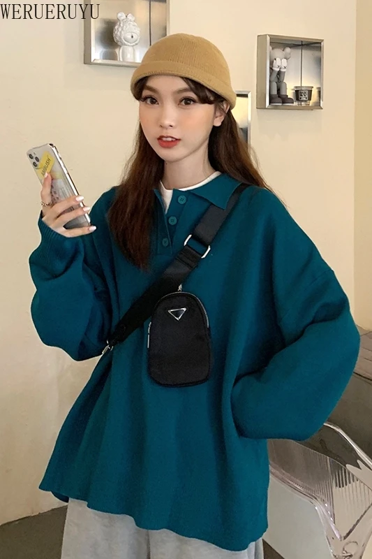 

WERUERUYU Autumn and winter new sweater cashmere sweater POLO collar ladies sweater loose wild wool bottoming shirt
