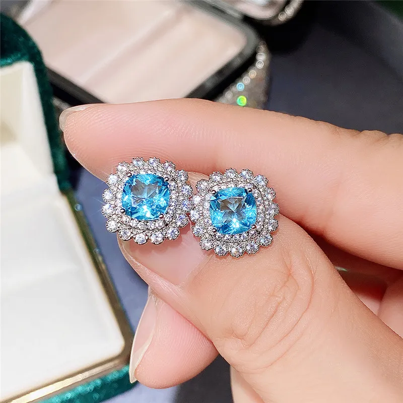 Серьги-гвоздики женские, голубые/многоцветный циркон, свадебные аксессуары