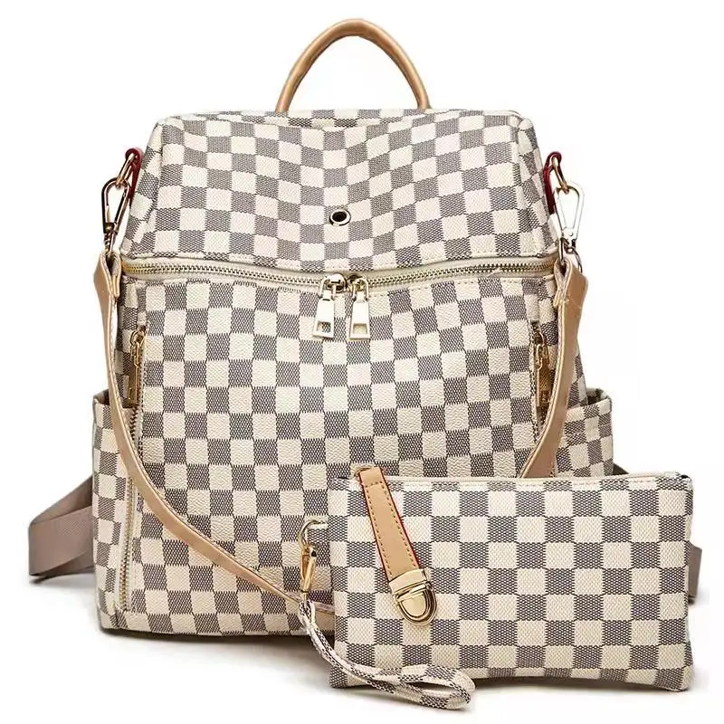 

Classic Ladies Backpack Qualified Leather Print Pattern Rucksack Women's Luxury White Checkered Double Shoulder Bacpacks