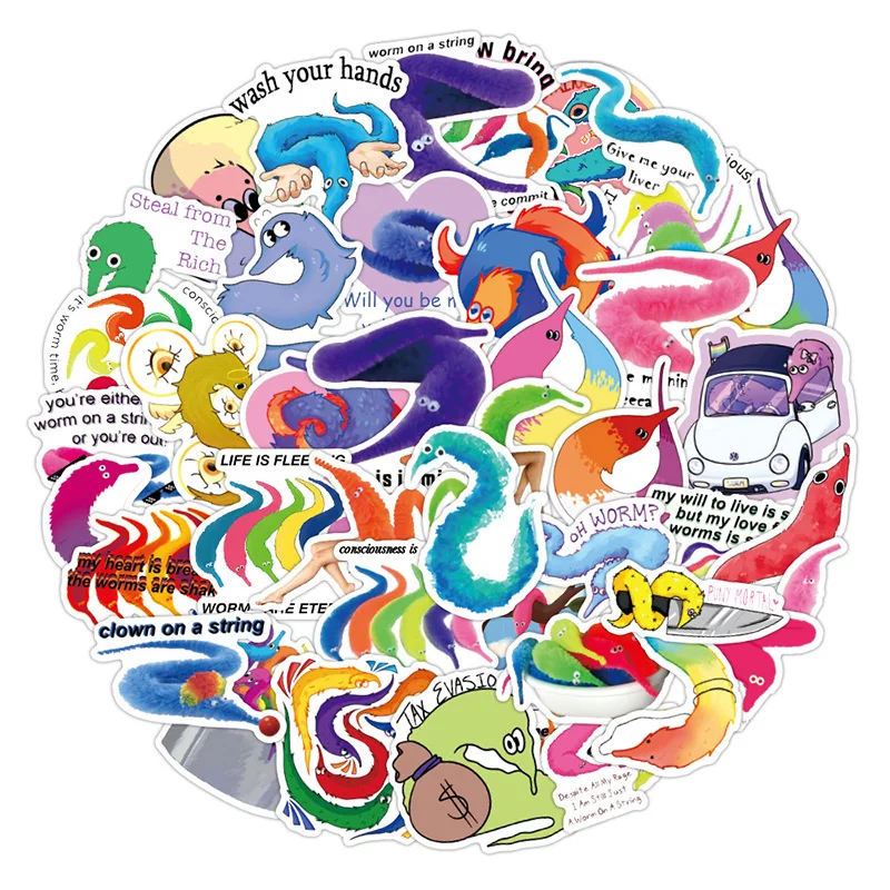 50pcs/set Magic Worm On A String Meme Stickers Cartoon For Skateboard Suitcase Laptop Luggage Guitar Car |