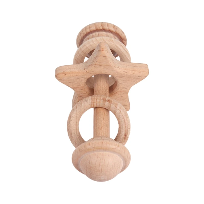 

Baby Wooden Beech Rattle Ring Soother Molar Teether Toddler Teething Nursing Toy