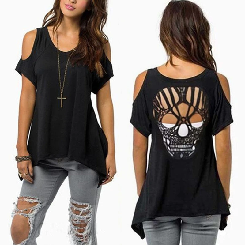 

Women Cold Shoulder Short Sleeve T-Shirt Cut Hollow Skull Backless Blouse Casual