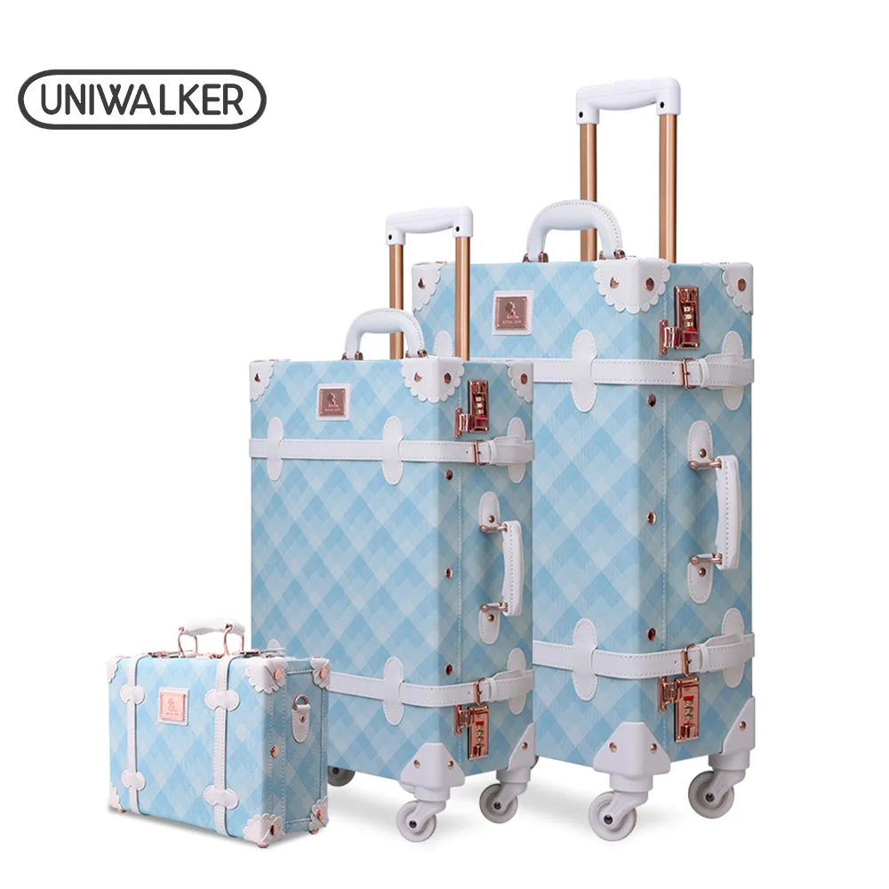 Blue Lattice 3 PCS 3 шт./компл. Spinner багажный набор винтажный принт чемодан из искусственной кожи водостойкий вертикальный дорожный троллейбус - Цвет: Blue Lattice 3 PCS