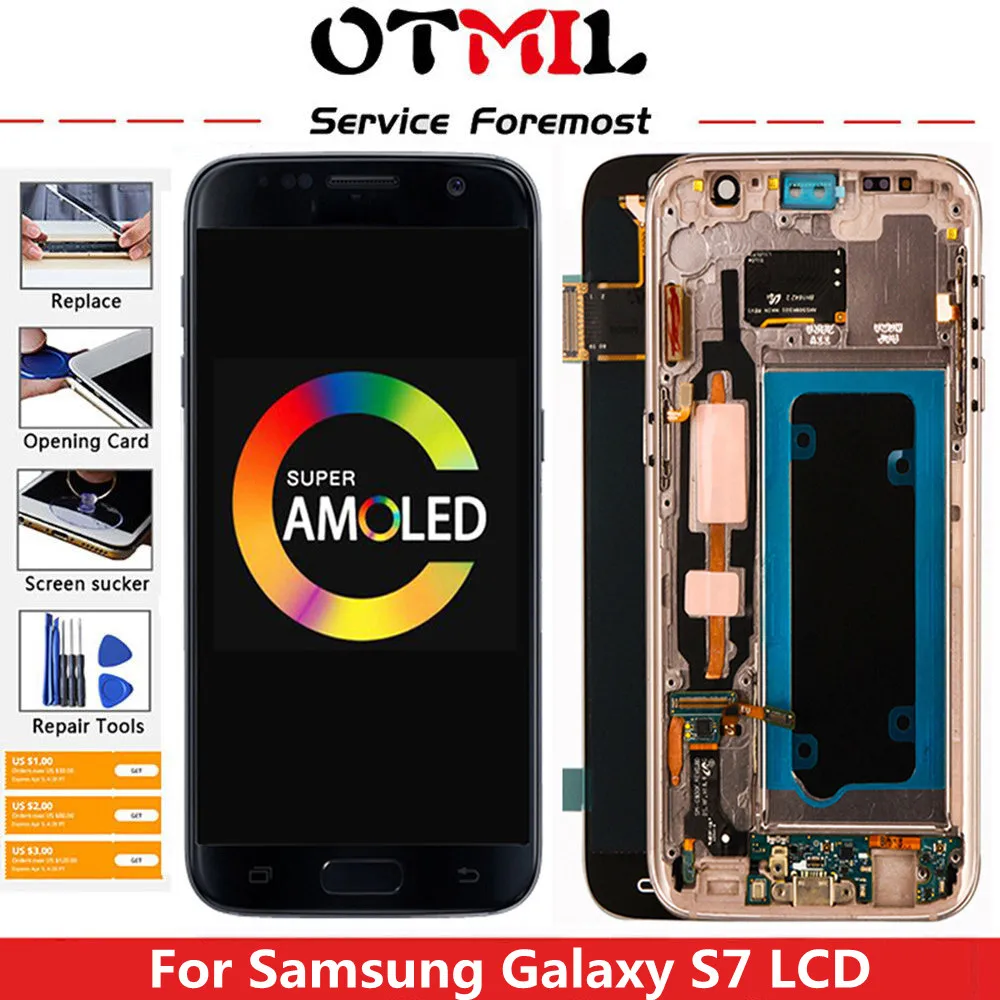 

ЖК-дисплей Super Amoled с рамкой для Samsung Galaxy S7, G930, G930F, ЖК-дисплей с сенсорным экраном и дигитайзером в сборе 5,1 дюйма с тенями