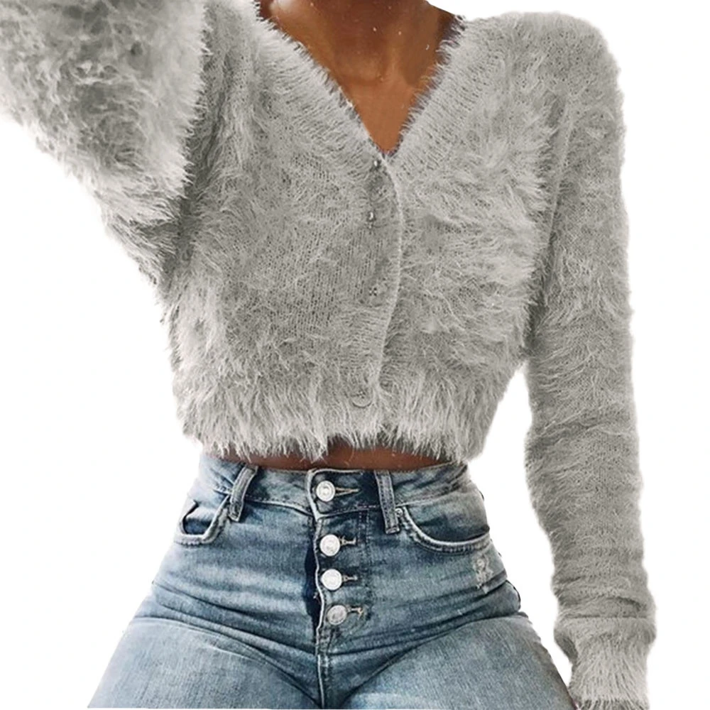 JAYCOSIA 2019 женский модный пушистый Повседневный свитер с V-образным вырезом и