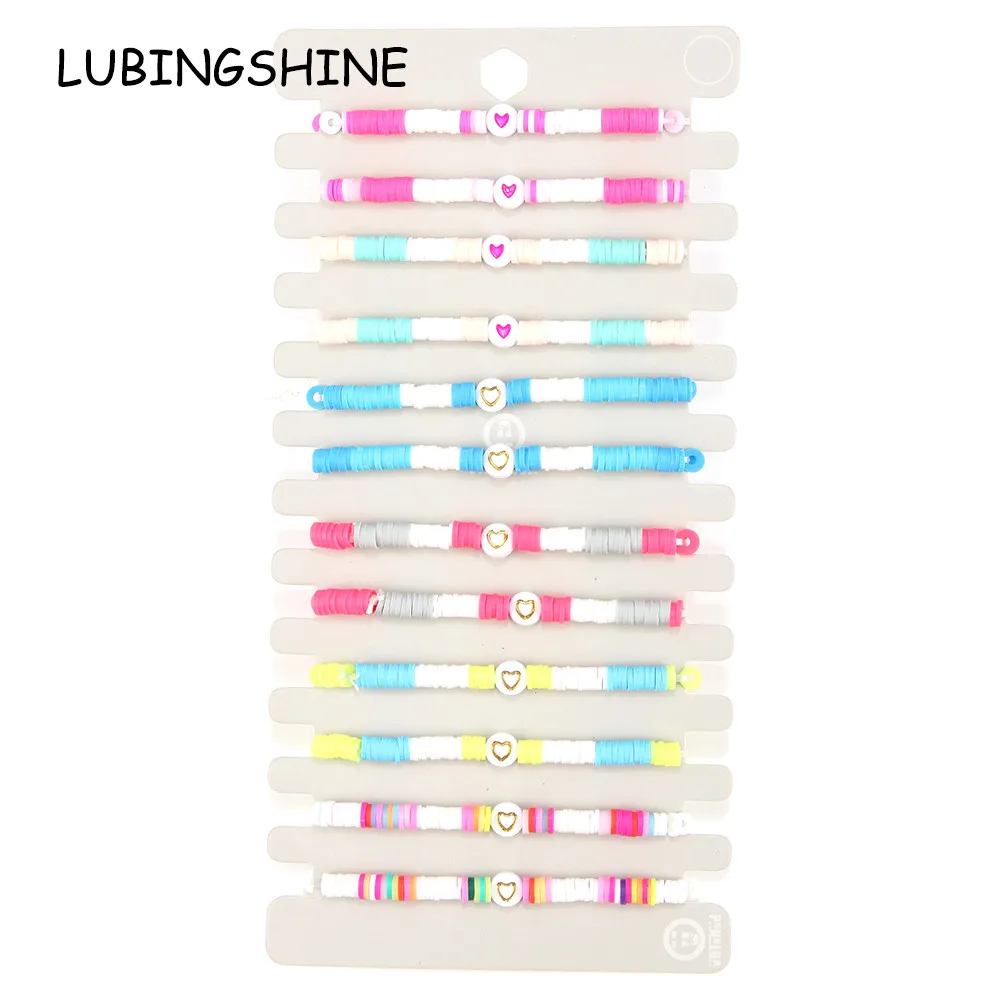 

Boho 12pcs/lot Women Acrylic Bead Charms Bracelet Set Braided elastic couples Handmade Soft Clay Anklet Beach Jewelry