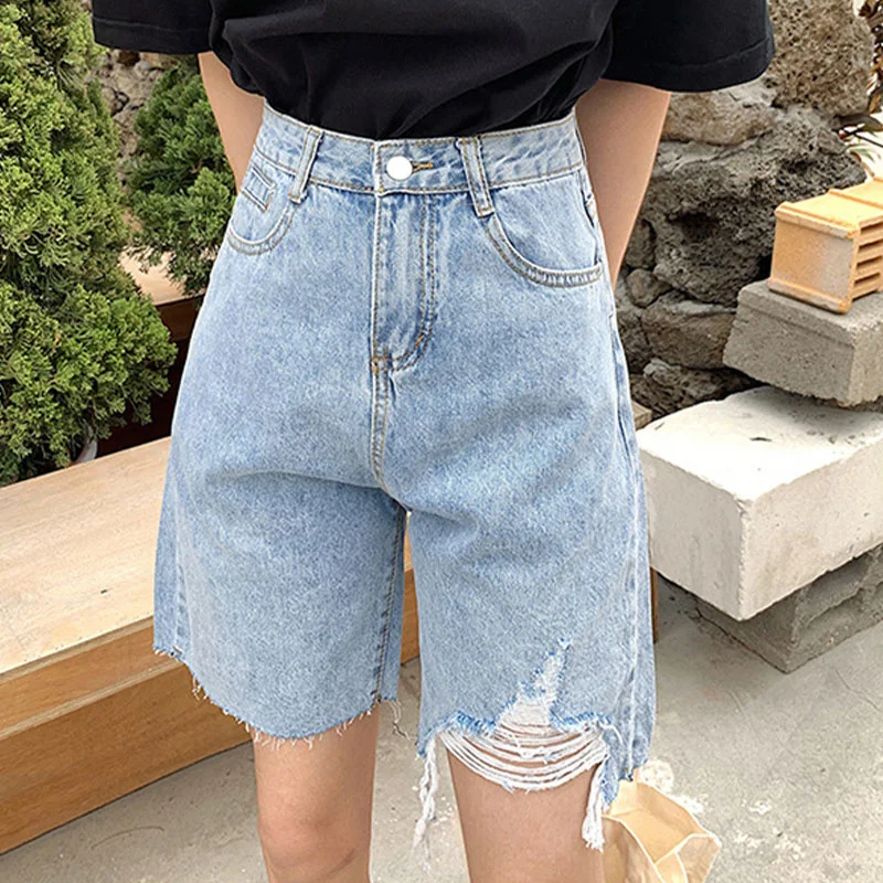 

Шорты женские джинсовые с завышенной талией, модные трапециевидные штаны с дырками в Корейском стиле, широкие, лето 2021