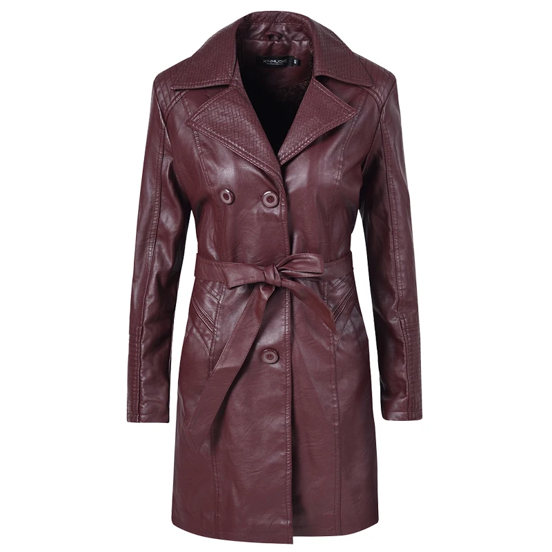 

Fashion Tailored Collar Winter Warm Fleece Long PU Faux Leather Coat Women with Belt Leather Blazers Clothes Trench Coats Jacket