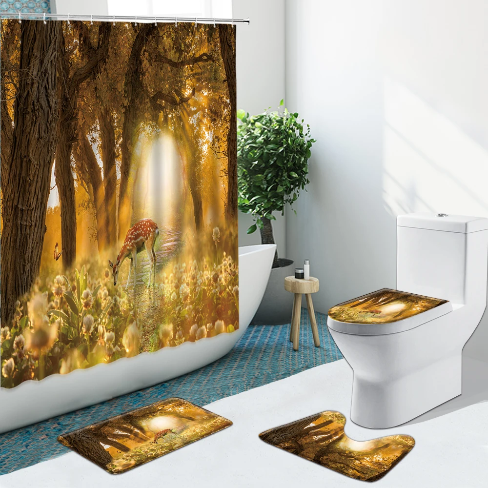 

Fall Forest Elk Floral Bathroom Set Shower Curtain Fabric Antlers Non-Slip Rugs Flannel Toilet Carpet Cover With Hooks Bath Mat