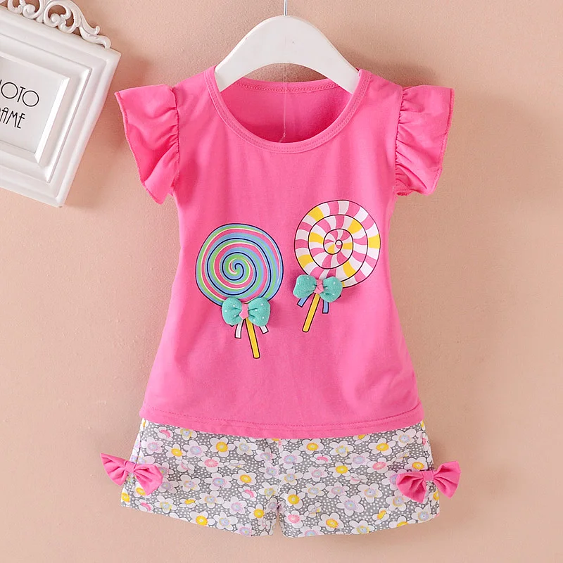 

Summer New Children's Set Solid Color Round Neck Print Bowknot White Red Girls Suit Kids Clothes